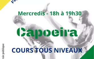 Cours de Capoeira le mercredi de 18h à 19h30 toux niveaux en salle polyvalente au 6 allée du Parc proposés par un formateur agréé Les premiers cours sont offerts