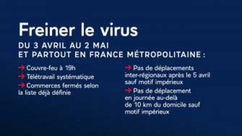 FREINER LE VIRUS du 3 avril au 2 mai 2021 inclus couvre-feu sur l'ensemble du territoire national entre 19h le soir et 6h du matin avec obligation de présenter une attestation dérogatoire lors des déplacements