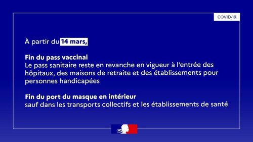 Covid-19 Fin du Pass vaccinal et du masque obligatoire en intérieur, y compris en classe dans les écoles, collèges et lycées sauf dans les transports et les établissements de santé